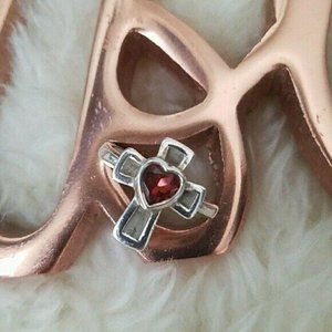 James Avery Garnet Heart Cross Silver Ring